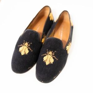 Stubbs and Wottoon Bee Needlepoint Loafer Slippers Black Yellow Women’s Size 9.5